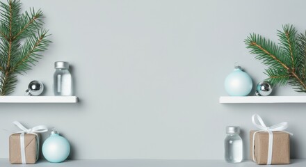 Festive Minimalist Decor Pine Branches with Glass Ornaments and Gift Boxes on White Shelves - Visual Merchandising and Seasonal Retail Display for Holiday Marketing