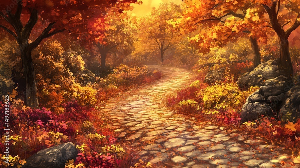 Poster winding cobblestone path through autumnal forest with vibrant foliage and sunlight.