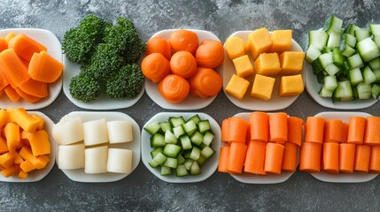 Freshly Cut Vegetables Arrayed on White Plates for Healthy Meals
