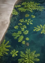 Intricate aquatic plant footprint design in pool's reflective surface , organic, wellness, eco-friendly