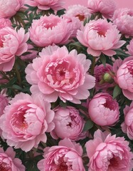 Dense cluster of pink peonies, soft pink backdrop, flowers, flower arrangement
