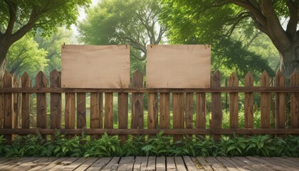 Rustic wooden fence with poster, green park backdrop, mockup, fence, sunshine