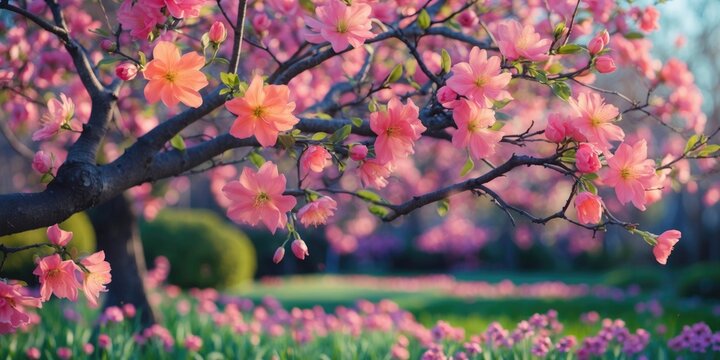 Cherry blossom tree in full bloom during spring with pink flowers and lush green grass. - Powered by Adobe