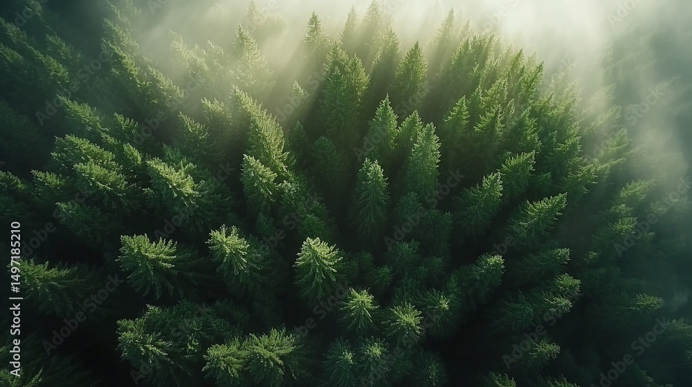 Poster aerial view of a dense evergreen forest shrouded in morning mist, sunlight filtering through the can