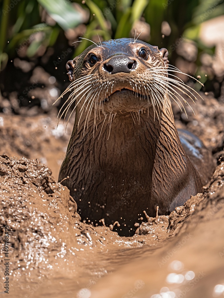 Poster close-up of a neotropical otter emerging from muddy water, looking directly at the camera.