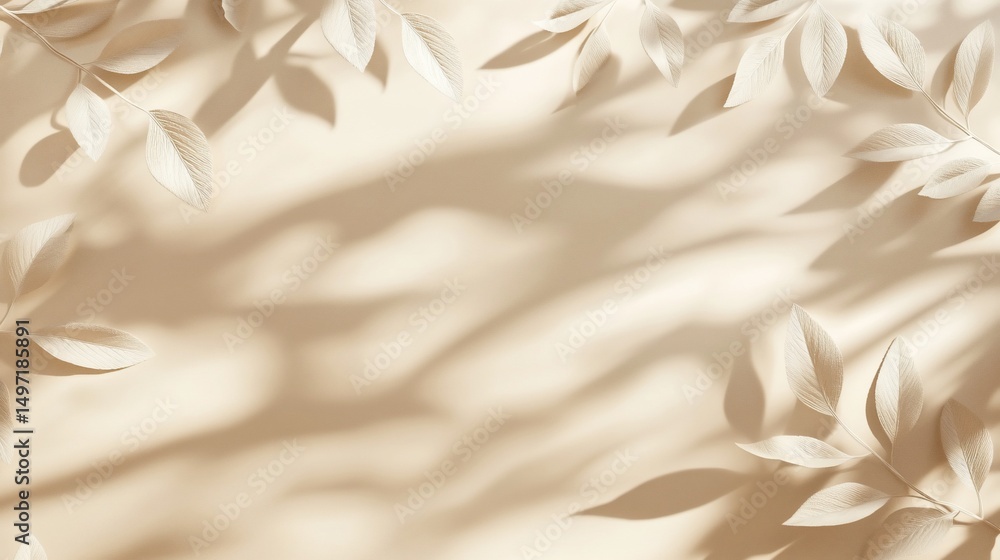 Poster beige background with leaves and shadows. copy space.