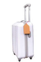 white suitcase bag with blank luggage tag with copy space isolated on white background with clipping path