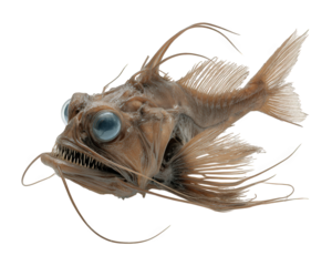 Unique fangtooth fish with large eyes and prominent fins, showcasing its intricate features against transparency background. This fascinating marine creature captures attention with its unusual