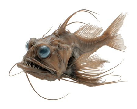 Unique fangtooth fish with large eyes and prominent fins, showcasing its intricate features against transparency background. This fascinating marine creature captures attention with its unusual