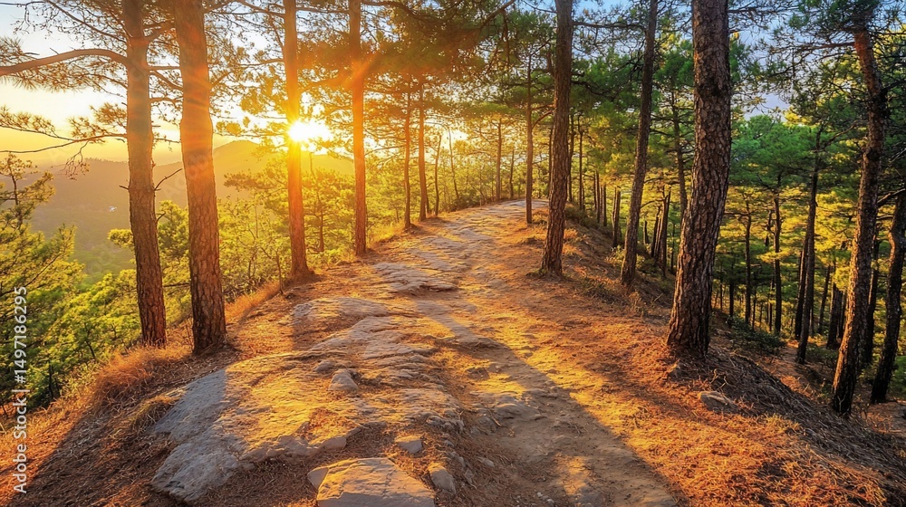 Poster sunset path through a pine forest on a mountain ridge.