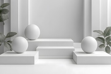 Minimalist White Stage with Three Spheres and Greenery