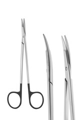 Curved Surgical Scissors Made of Stainless Steel, with distinctive black ring handles – Medical Instrument Close-Up on White Background for Healthcare and Surgical Use, Set of photos, macro