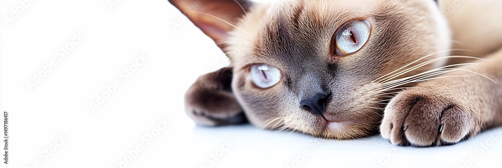 Poster close-up of a relaxed cat lying down, looking at the camera.