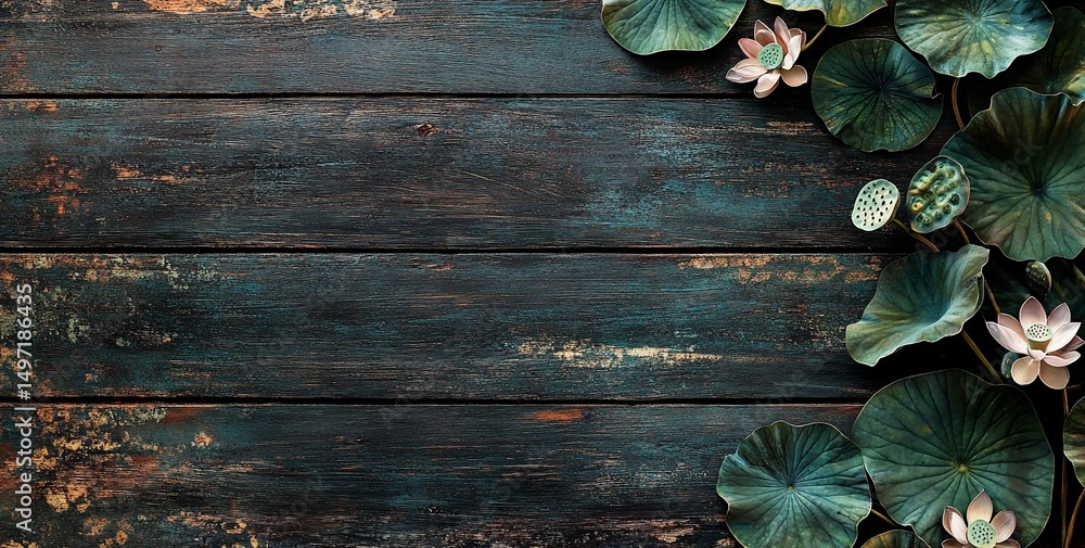 Poster rustic wooden background adorned with lush green lotus leaves and delicate pink flowers, leaving amp