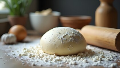 Fototapeta premium A ball of dough on a wooden surface covered in flour, with a rolling pin nearby