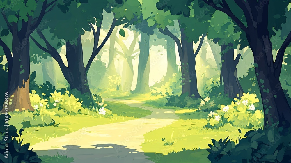 Poster sunlit path winding through a lush green forest with tall trees and blooming flowers.