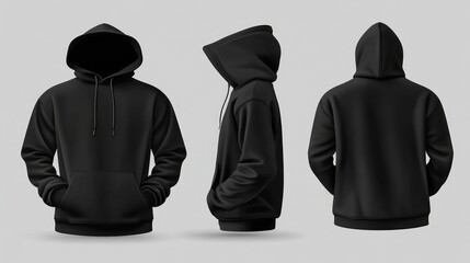 Three views of a plain black hooded sweatshirt, showcasing front, side, and back perspectives