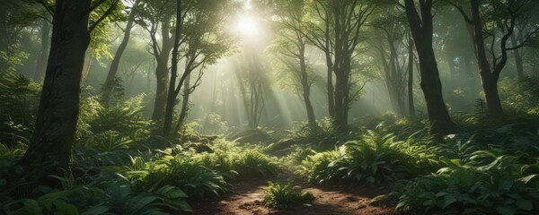 Lush green forest with sunlight filtering through leaves, environment, leaves, nature