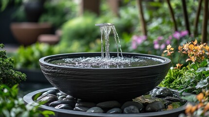 Tranquil Garden Fountain Surrounded by Lush Greenery and Stones