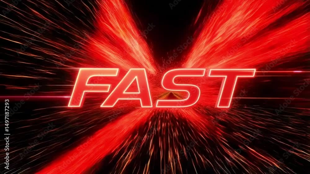 Poster the word fast in red neon with red light streaks on a dark background animation effect