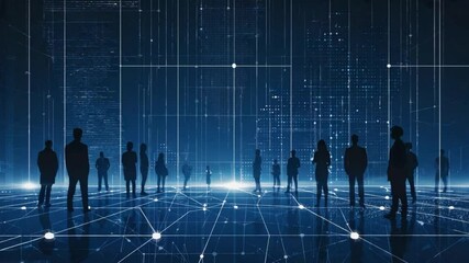 An abstract digital animation of interconnected human figures and data points, symbolizing global networks, technology, and artificial intelligence. Ideal for tech, AI, and futuristic themes. - Powered by Adobe