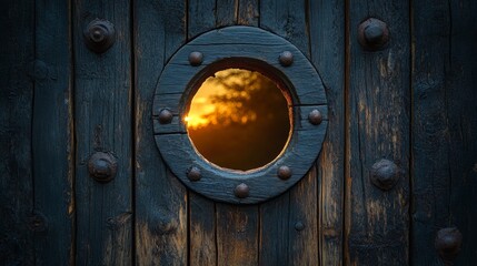 Rustic Wooden Door with Round Window at Sunset Glow Reflections