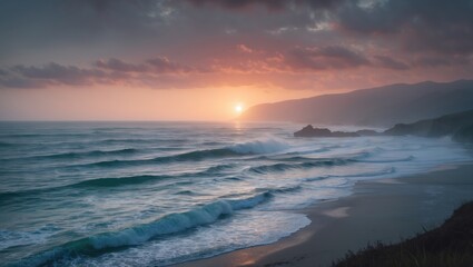 Obraz premium Sunset over the ocean with waves crashing onto the shore, mountains in the background. Coastal scenery at dusk. The scene of a peaceful seaside landscape.