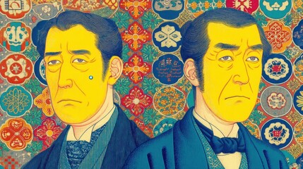 Doppelporträt zweier Männer im Stil japanischer Holzschnittkunst