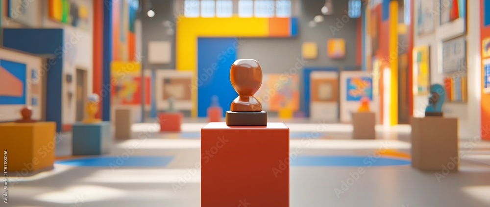 Poster modern art gallery interior with colorful walls and a sculpture on display.