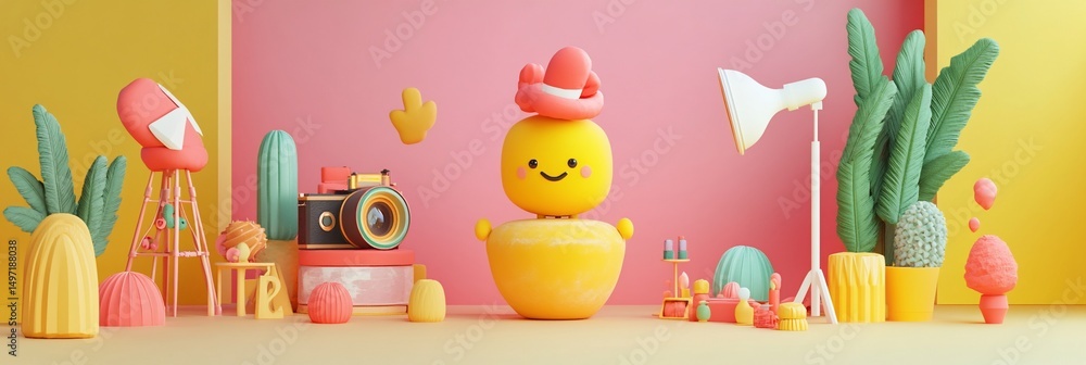 Poster Happy cartoon character in a photo studio setting with cacti and props.