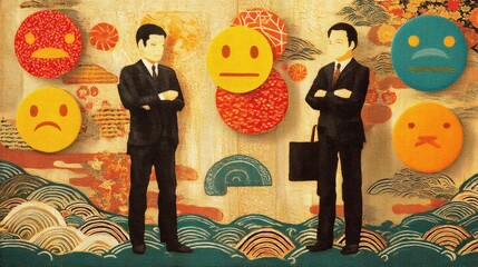 Geschäftsmänner mit Emojis und asiatischem Hintergrund