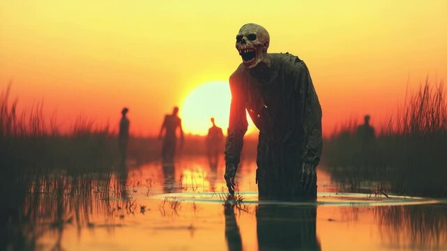 Grotesque swamp monster rising menacingly from murky waters while decaying zombies approach against dramatic orange sunset, creating nightmarish apocalyptic landscape