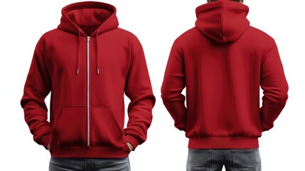 Red zip-up hoodie, front and back view, showcasing pockets and comfortable fit