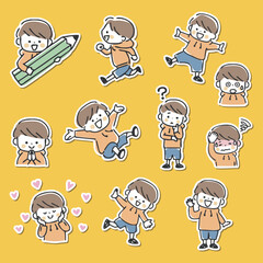 かわいい男の子のイラストセット　白いフチあり
