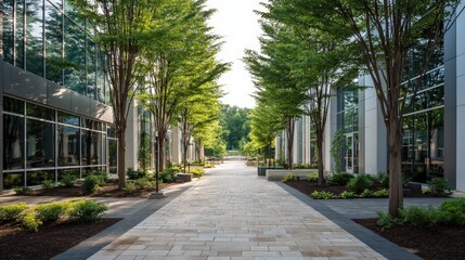 Obraz premium Business park with tree-lined walkways and high-performance glazed windows..