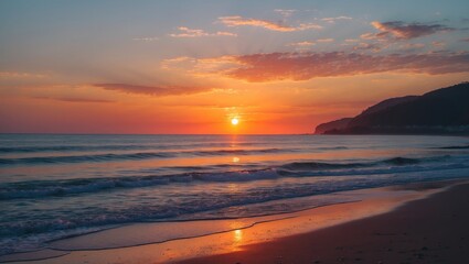 Fototapeta premium Sunset over the beach with waves and clouds, capturing the beauty of a coastal sunset scene. Nature and ocean view during twilight.