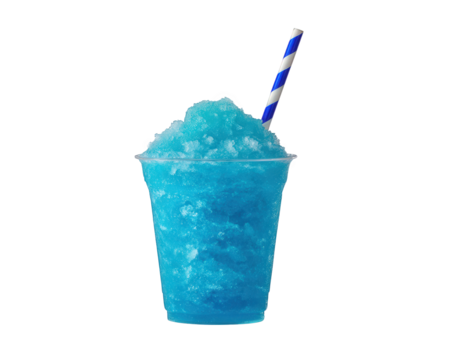 Bright blue slush drink with straw, perfect for summer refreshment. This icy treat is vibrant and inviting, ideal for cooling off on hot day