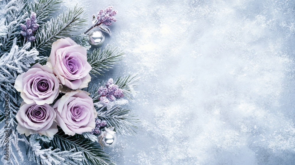 Poster lavender roses and snow-dusted pine branches arranged on a textured background with silver ornaments