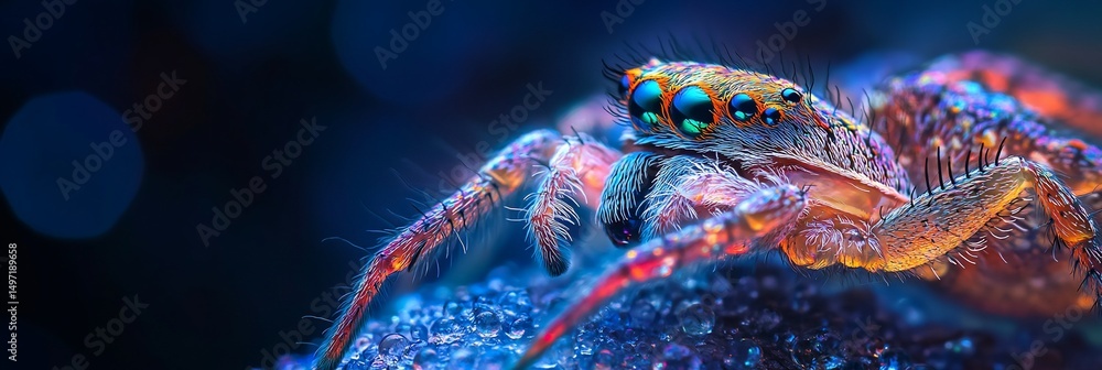 Poster vibrant close-up of a colorful jumping spider on a dark surface.