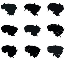 Lithuania  Map Silhouettes Bundle - Set of 9 Black Outline Maps with Regions