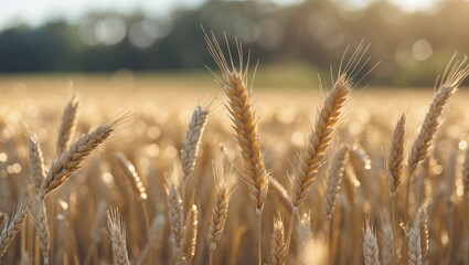 Golden wheat field at sunset with ripening wheat heads and warm sunlight. Agriculture and harvest, natural scenery. The image of grain crops in a rural landscape.