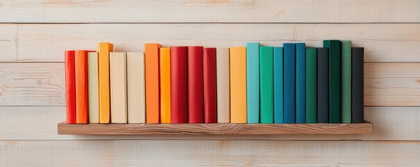 Colorful books are neatly arranged on a wooden shelf against a light wooden wall, creating a vibrant and organized display.
