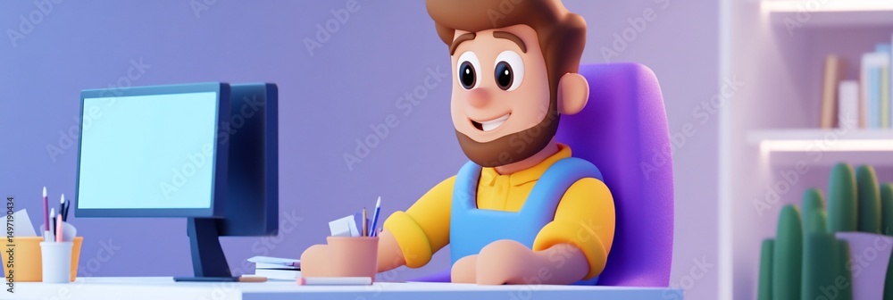 Poster happy 3d cartoon man working at computer desk.