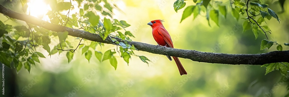 Poster vibrant red bird perched on a tree branch, bathed in sunlight.