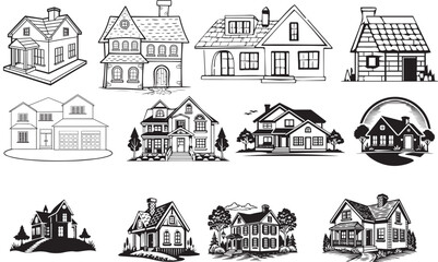 set of houses sketch drawing