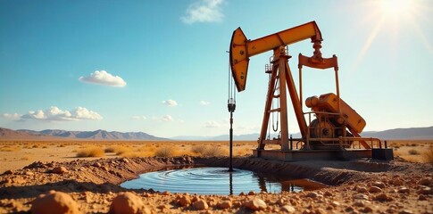 Crude oil gushing from a wellhead in a remote, arid landscape under a vast sky  The dark liquid contrasts sharply with the dry earth and the bright sunlight ,  production,  gas,  sky