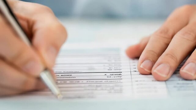 Citizen Tax Responsibility concept. A person&rsquo;s hand is holding a pen and filling out information on a printed form or document.
