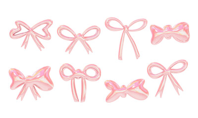 Glossy Pink Ribbon and Bow Element Set. A glossy pink ribbon and bow element set featuring puffy outlines simple loops and wide shapes in jelly candy style. Perfect for girly cute packaging designs