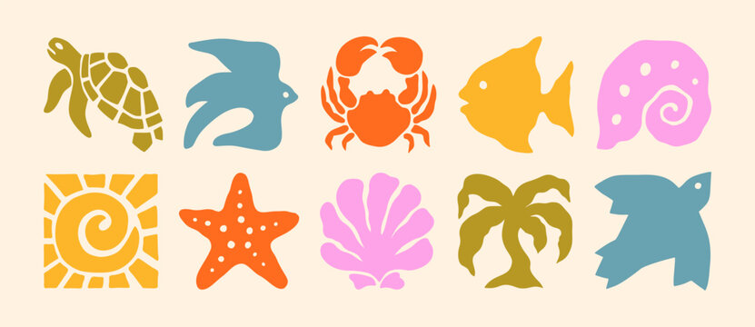 Groovy Summer Icons in Boho Style. Vector Abstract Beach Illustrations in Naive Art. Geometric Bird, Sun, Palm, Shells, Sea Star, Crab and Turtle for Logo, Patterns, Print, Stickers, Post and Stories