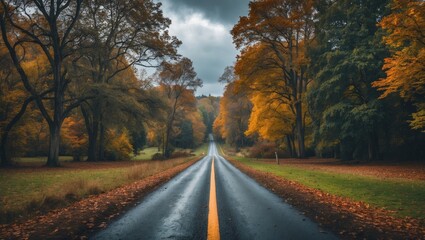A scenic road through trees with fall foliage, under a cloudy sky.